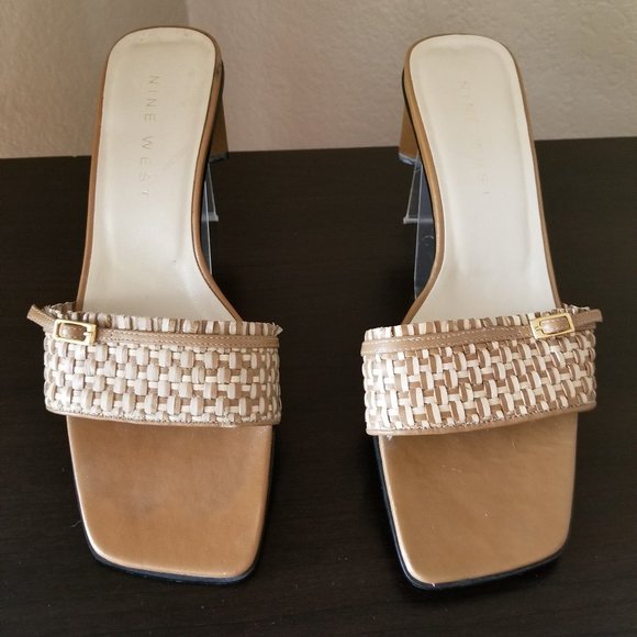 Nine West- 6M -Tan & White Heeled Slide Sandals - Picture 1 of 7